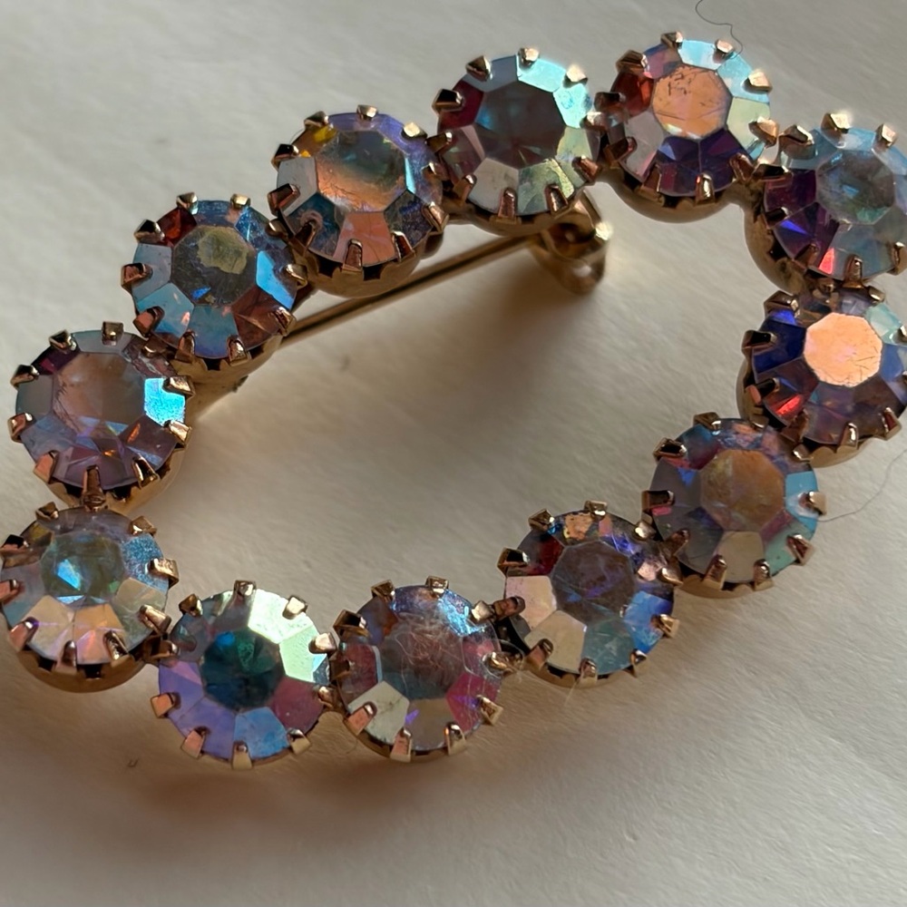 Vintage Brooch Pin Oval Round Multicolor Aurora Borealis Prong Set Rhinestones